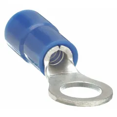 Blue vinyl insulated ring terminal for #10 stud size, accepting 16 AWG to 14 AWG wire. Rated 600 V with funnel entry for easier wire insertion. Used to terminate wires to stud terminals in electrical panels and machinery.