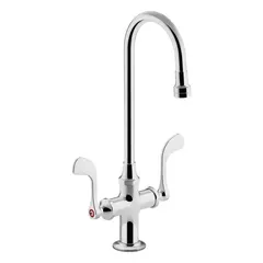 Brass construction with polished chrome finish. Single-post handle design with gooseneck spout. Flow rate of 0.5 gpm. Includes supply tube. Suitable for lavatory sinks in residential or commercial settings.
