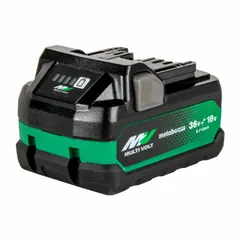 This METABO HPT battery pack is a tabbed-cell unit with 5 Ah capacity at 18V DC and 2.5 Ah at 36V DC. It is designed for use with compatible cordless tools in the MultiVolt platform, providing power for construction, renovation, and maintenance tasks. The battery is included and not oil-resistant.