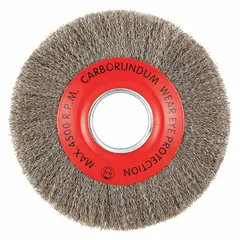 Crimped stainless steel wire wheel brush for light cleaning and surface preparation on stainless steel. Removes rust, scale, and light burrs without contaminating the workpiece. Suitable for metal fabrication and maintenance tasks. 8 in diameter, 1 in face width, 2 in arbor.
