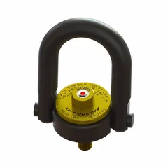 This force-indicating pivot and rotate hoist ring is used for lifting and pulling loads in industrial settings. It features a black oxide-coated steel construction with M20-2.50 thread and a maximum capacity of 6,615 lb. The integrated indicator provides visual load feedback to help prevent overloading during operation.