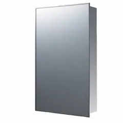 Wall-mount mirrored cabinet with stainless steel frame in bright annealed silver finish. Overall height 24 in, width 18 in. Glass and stainless steel construction. Suitable for bathroom storage of toiletries and medications.