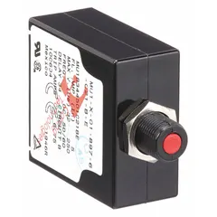 This miniature circuit breaker features a push-button actuator and snap-in front panel mounting. Rated 5 A at 250V AC or 80V DC, it provides overcurrent protection in control panels, power distribution units, and machinery enclosures. Terminals are 1/4 in tab type; depth is 1.85 in.