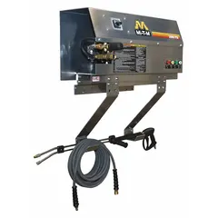 This cold water pressure washer operates at 2,000 psi and 3.9 gpm, powered by a 6 hp motor on 230 V three-phase supply. It features a direct pump drive, electric burner fuel, and hot water intake. The wall-mount design saves floor space, suitable for industrial cleaning tasks such as removing dirt, grease, and grime from equipment and surfaces.