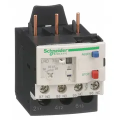 Three-pole IEC thermal overload relay with integrated bimetallic elements, rated 30 A to 38 A. Features 1NO/1NC auxiliary contacts, screw clamp terminals, and phase loss sensitivity. Suitable for motor protection in industrial control circuits when paired with TeSys Deca contactors (32 to 38 A models). Maximum voltage rating 690 V AC.