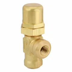 Soft-seat pressure control valve with brass body and 1/4 in NPT ports. Rated for 4 gpm flow and maximum pressure setting of 10 psi. Used in hydraulic and pneumatic systems to regulate downstream pressure, suitable for industrial fluid power circuits, lubrication systems, and process control applications requiring precise pressure limiting.