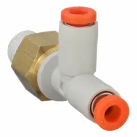 This SMC tee fitting is made of polybutylene and brass with a white finish. It has a 1/16 in pipe thread and two 1/8 in OD tube connections, with an overall length of 39 3/32 mm. Used to branch pneumatic or fluid lines in automation systems