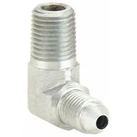 Steel hydraulic hose adapter with 90° rigid elbow configuration. Male NPTF to male JIC connections, 3/8 inch fitting size. Used to connect NPTF pipe threads to JIC flare threads in hydraulic systems, allowing hose routing around obstacles in fluid power applications
