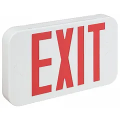 This LED exit sign features a white housing and red text, with universal field selectable chevrons for directional indication. It operates on 120/277 V AC and includes a nickel cadmium emergency battery backup. The unit is designed for ceiling or wall mounting and is available with one or two illuminated faces. Suitable for egress lighting in commercial and industrial settings.