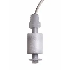 Side-mounted float switch with polypropylene construction, vertical mounting, and lead wire termination. Features mechanically alternating SPST switch action with selectable operation and specific gravity rating of 1.13. Used for liquid level sensing and control in tanks, reservoirs, and process vessels.