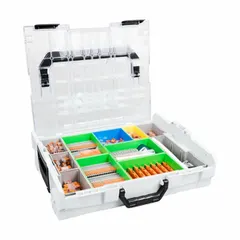 This mixed wire connector and terminal set from the WAGO 221 Series includes 187 pieces that accept wire sizes from 24 AWG to 10 AWG. Mounting carriers are included as the tool. Suitable for splicing, branching, and terminating solid or stranded copper wires in control panels, junction boxes, and lighting systems.
