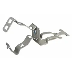 Steel beam mount for securing flexible conduit, pipe, and cable to T-bar ceilings. Accommodates 3/8 in trade size flexible conduit and wire range 14/2 AWG to 12/3 AWG, with cable OD from 0.551 in to 0.709 in. Corrosion-resistant coated gray finish. No tools required for installation.