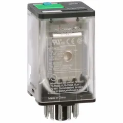 Socket-mounted relay with 3PDT contact configuration, 24V DC coil, and 10 A current rating at 277V AC resistive load. Features an octal base with round pins, plug-in mounting, and 11-pin terminal connection. Suitable for switching loads in industrial control panels, automation systems, and HVAC equipment.