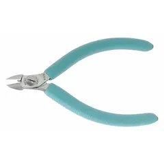 ESD-safe, semiflush-cut insulated diagonal-cutting pliers with a straight, narrow jaw (3/8 in length, 3/8 in width) and overall length less than 6 in. Features a spring-return mechanism and is rated for cutting copper cable. Suitable for precision cutting in electronics assembly and electrical work.