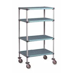 Mobile plastic shelving unit with 4 polymer shelves, overall height 67 inches, and footprint 38 x 26 inches. Features antimicrobial and corrosion-resistant construction with (2) swivel casters. Suitable for environments requiring sanitation and resistance to moisture or chemicals.