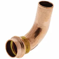 This 90° press elbow fitting is made of copper or bronze and connects 1-1/4 in CTS pipe. It is used in gas copper or bronze tube systems for changing direction in tight spaces. Suitable for commercial and industrial gas piping applications