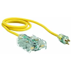 This 6 ft outdoor extension cord features six outlets and a NEMA 5-15P plug. It is constructed with 12/3 SJTOW wire in a yellow block design, rated for temperatures from -58° to 194°F. Suitable for powering multiple tools or devices from a single receptacle in outdoor environments.