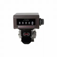 Inline displacement meter with oval gear design for custody transfer applications. Features a mechanical display, +/-0.5% accuracy, and 1 1/2 in BSPP connection. Operates on 24V DC. Suitable for precise measurement of industrial fluids in fuel dispensing, chemical transfer, and bulk liquid handling.