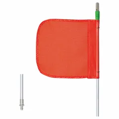 Orange warning whip with 5 ft overall height, 11 in flag height, and 12 in flag width. Features a Quick Disconnect Base for easy installation and removal. No reflective X; light sold separately. Used to mark vehicle or equipment locations in industrial yards, construction sites, and warehouses.