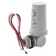 This adjustable stem-mounted photocell features a swivel arm for flexible positioning. It includes a gasket for installation and operates at 208-277V AC with SPST switching. Typical applications include automatic control of outdoor lighting such as parking lots, building exteriors, and street lighting.