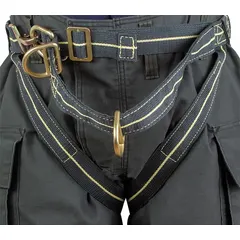 NFPA 1893-compliant Class II harness constructed with Kevlar webbing and steel hardware. Features pass-through leg strap buckles, no D-rings, and adjusts for waist sizes 36 to 50 inches. Suitable for industrial rescue and confined-space entry applications.