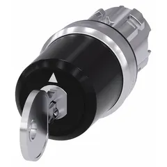 This Siemens 3SU1 series keyed selector switch is a 3-position panel-mounted unit without contacts, featuring a 22 mm mounting diameter. The switch action is momentary/maintained/maintained, with key removal possible only in the left position. It is used for access control and mode selection in industrial control panels.