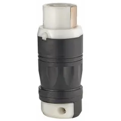 This LEVITON locking connector is a non-NEMA general purpose connector with 3 poles, rated for 50 A at 250 V DC or 600 V AC. The black/white housing provides a secure, lockable connection for high-current applications such as heavy machinery, power distribution, and temporary power setups.