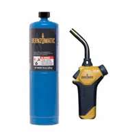This high output swivel-head hand torch kit features a curved tip and adjustable flame, compatible with propane fuel. The trigger-start mechanism provides ignition. Typical applications include industrial heating, soldering, brazing, pipe thawing, roofing, and metalwork where a swirl flame pattern is desired