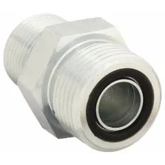 This rigid straight adapter connects ORS (O-Ring Seal) to NPTF (National Pipe Tapered Fuel) threads. It is used in hydraulic systems to transition between these two thread types, providing a leak-resistant connection. Made of steel, it is suitable for fluid power applications.
