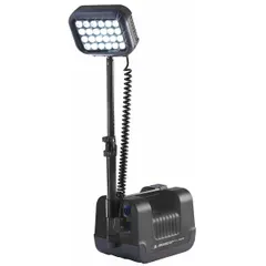 This floor-stand remote area light from PELICAN delivers up to 2000 lumens with two selectable brightness levels. It operates on 12V DC and features an IP54 rating for protection against dust and water splashes. Suitable for industrial worksites, emergency response, and outdoor maintenance tasks.