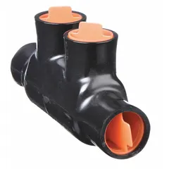 Double-sided entry multitap connector for splicing or tapping multiple conductors in dry-location electrical installations. Aluminum body accommodates wire sizes from 6 AWG to 350 kcmil. Suitable for use in junction boxes, panel boards, and industrial power distribution.