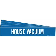 Blue adhesive pipe marker with white legend text reading 'House Vacuum'. Designed for pipes with outer diameter of 8 inches and larger. Suitable for identifying house vacuum lines in industrial piping systems. Pack of 5 includes one marker without directional arrows.