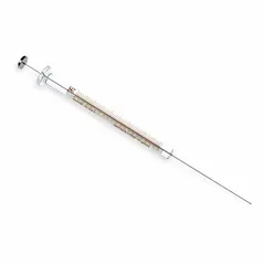 This HAMILTON microliter syringe features a borosilicate glass barrel and PTFE plunger and tip for chemical resistance and precise liquid handling. It has a cemented needle attachment with point style 2 and a replaceable PTFE tip. The syringe is individually packaged and includes needles. Typical applications include analytical chemistry, chromatography, and laboratory research requiring accurate microliter-volume injections.
