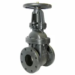 Cast iron outside screw and yoke (OS&Y) gate valve with wheel operator. 4 in nominal size, cast iron wedge and bonnet. Used for on/off flow control in general-purpose piping systems where visual stem position indication is required.