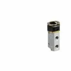 Three-way, two-position poppet valve constructed from aluminum. Normally closed configuration designed for panel mounting. Provides manual on/off air flow control in pneumatic systems.