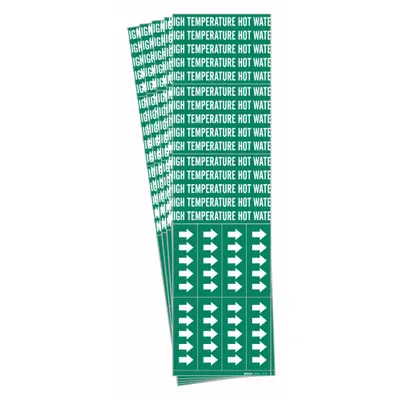BRADY Pipe Marker: High Temp Hot Water, Green, White, Fits 3/4 in and Smaller Pipe O.D. - High Temperature Hot Water Adhesive Pipe Markers