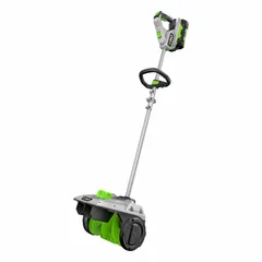 This cordless electric snow shovel clears a 12-inch path with a 12-inch depth and throws snow up to 25 feet. It features variable speed control and includes a 2.5 Ah battery and charger. Suitable for clearing light to moderate snow from walkways, driveways, and decks.