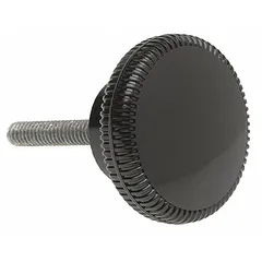 Knurled knob with threaded stud for manual adjustment and clamping. Black thermoset body provides secure grip. Thread size 1/4"-20 with 0.5 in thread length. 1 in diameter.