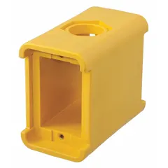 This 2-gang portable power outlet box is finished in yellow. It is intended for temporary power distribution in industrial settings such as construction sites and maintenance areas.