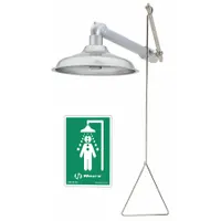Wall-mount emergency shower with stainless steel sprayhead and galvanized steel pipe in silver finish. Activated by a pull rod for manual operation. Used for immediate drenching to flush contaminants from skin and clothing in industrial environments