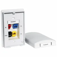 White plastic tamper-resistant wall plate for keystone jack modules. 1-gang, 4-port configuration with flat module style and vertical outlet orientation. Suitable for structured cabling installations in commercial and residential settings.