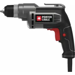 This corded pistol-grip drill features a 6.5 A motor and a no-load speed of 2,500 RPM. It is equipped with a keyless chuck for quick bit changes. Suitable for drilling into wood, metal, and plastic in general construction, maintenance, and fabrication tasks.