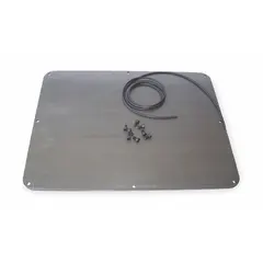Steel tank lid kit designed for aluminum hydraulic tanks. Overall length 24.21 inches, width 18.66 inches, thickness 0.2 inches. Used to seal the tank opening, preventing contamination and maintaining system pressure in hydraulic systems.