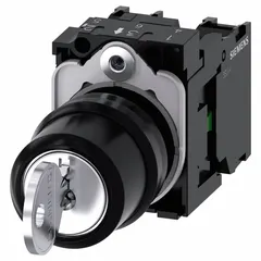 Panel-mounted key switch with 3-position maintained action and 2 normally open contacts. Key removable in any position. 22 mm panel mounting. Suitable for industrial control and access-restricted equipment applications.