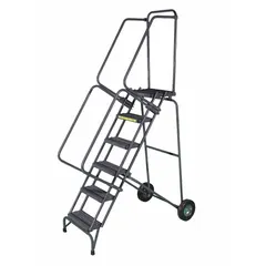 This unassembled steel folding ladder from BALLYMORE provides a 5.8 ft platform height for accessing elevated storage or work areas. It features double handrails for user support and a gray finish. The unit does not include a locking mechanism and is suitable for use in warehouses, stockrooms, and industrial facilities.