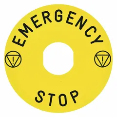 Round legend plate for 22 mm panel mounting, designed for Series XB4/XB5 push-button stations. Features a yellow background with black 'Emergency Stop' text and tab attachment. Overall diameter 3 9/16 in. Used to label emergency-stop actuators in industrial control stations.