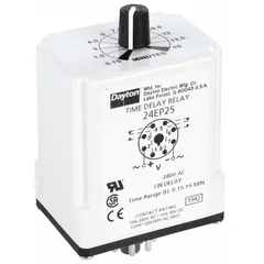 Socket-mounted single-function time delay relay with on-delay operation. Rated for 240V AC and 10A, with 8 pins/terminals for integration into standard octal sockets. Used in industrial control applications to delay load energization after power is applied.