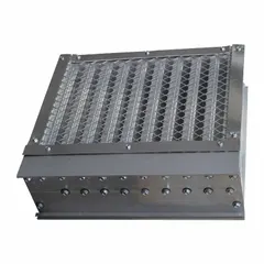 Flush mount wind driven rain louver constructed from aluminum. Features a 90° blade angle and measures 59 1/2 inches in height and width. Rated for a maximum air velocity of 1250 fpm. Suitable for exterior wall installations requiring weather protection in ventilation systems.