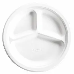 White, round paper plate made of uncoated paper. Medium-weight construction suitable for dry or light meals. Each pack contains 500 plates with a 10 1/4 in diameter. Commonly used in cafeterias, break rooms, and catering settings.