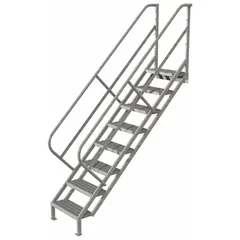 Steel stairs with 8 perforated steps, rated for 450 lb load capacity. Suitable for providing elevated access in industrial and warehouse environments where temporary stair access is required.